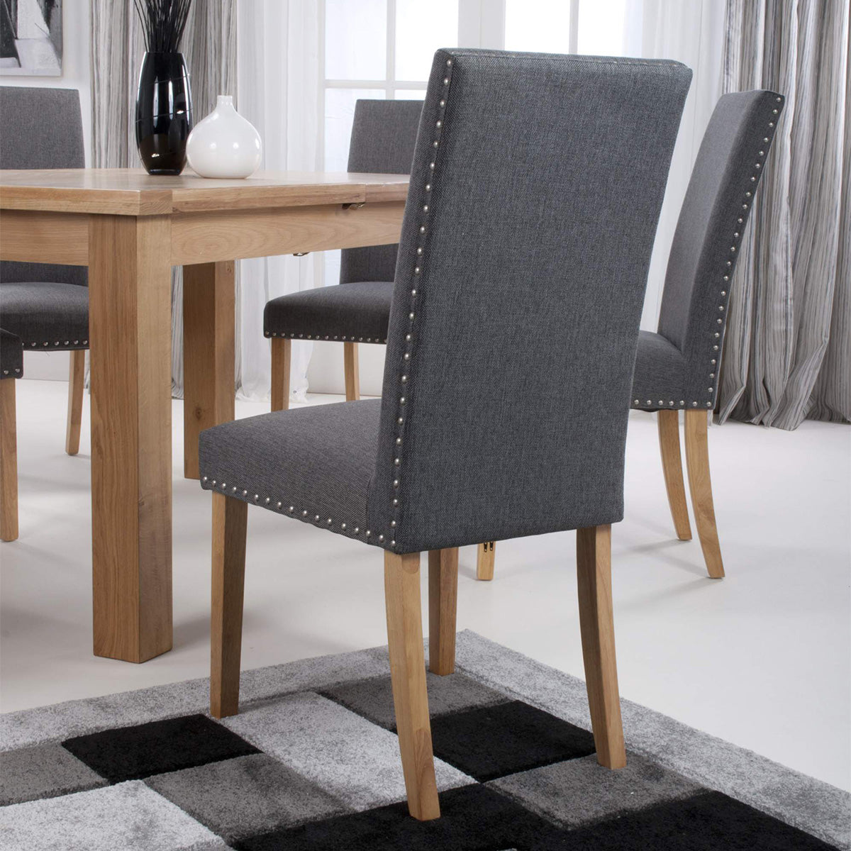 Linen Fabric Dining Chairs in Set Of 2 With Stud Details And Natural Legs - Randall