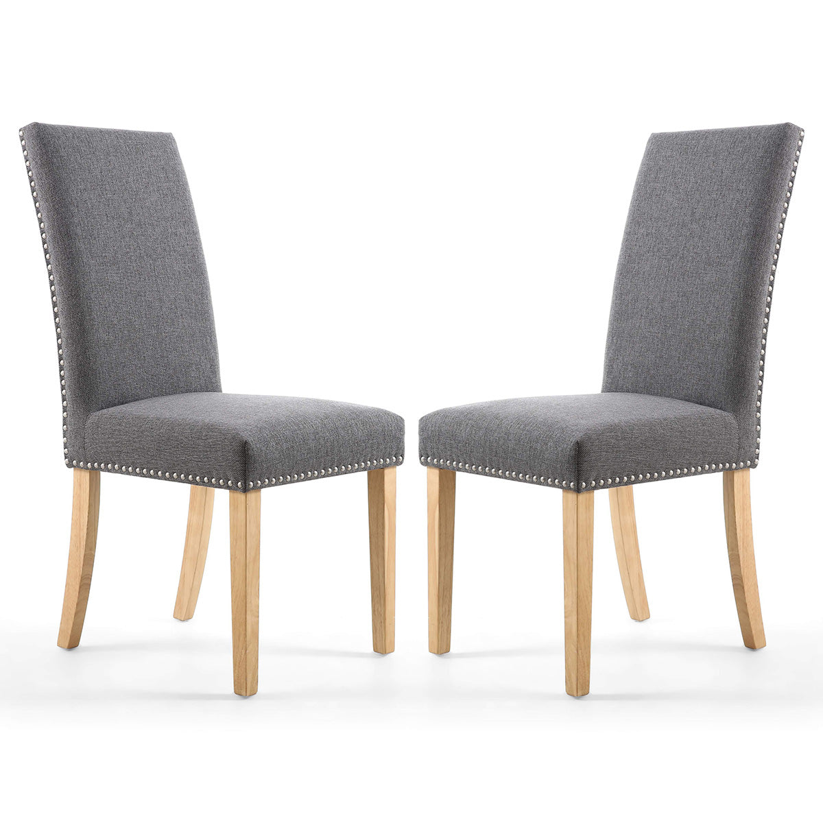 Linen Fabric Dining Chairs in Set Of 2 With Stud Details And Natural Legs - Randall