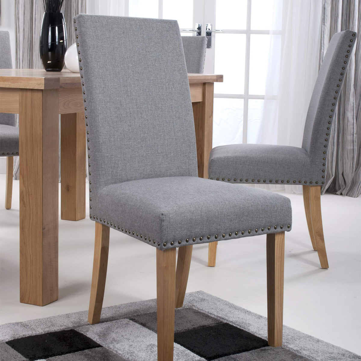 Linen Fabric Dining Chairs in Set Of 2 With Stud Details And Natural Legs - Randall
