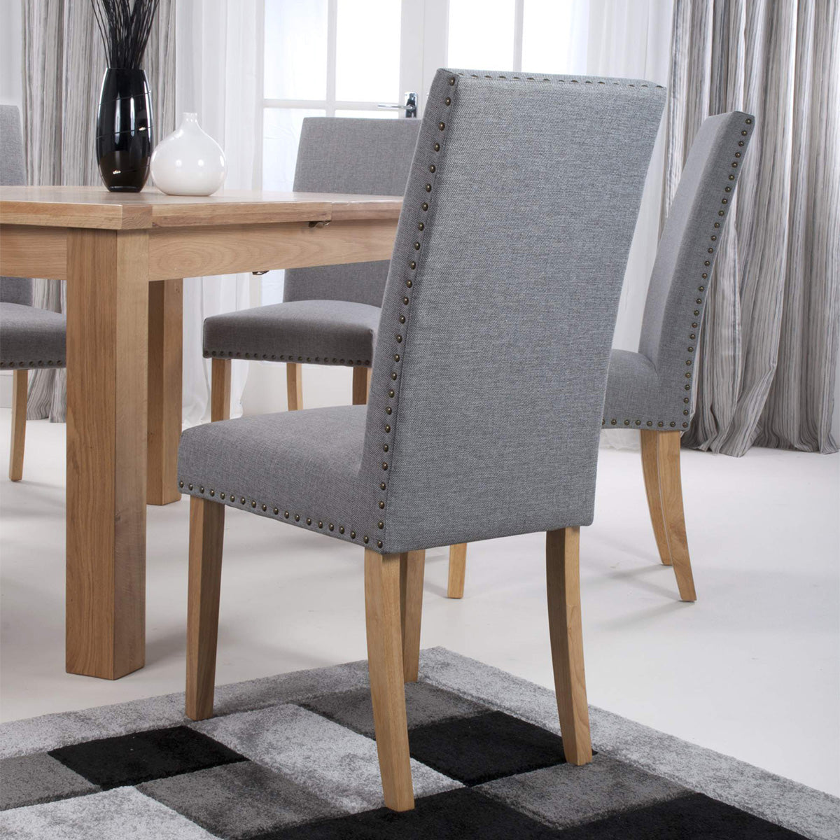 Linen Fabric Dining Chairs in Set Of 2 With Stud Details And Natural Legs - Randall