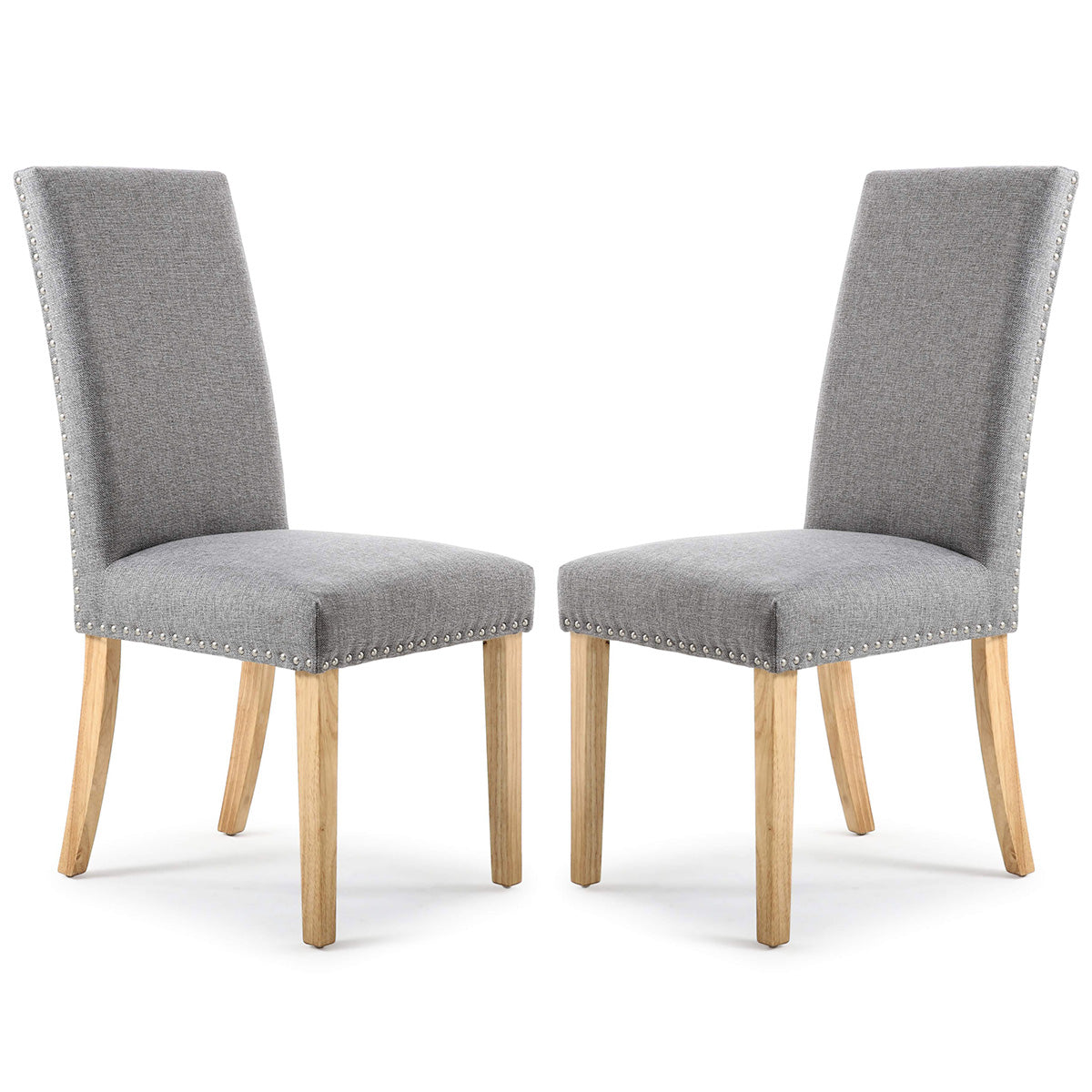 Linen Fabric Dining Chairs in Set Of 2 With Stud Details And Natural Legs - Randall