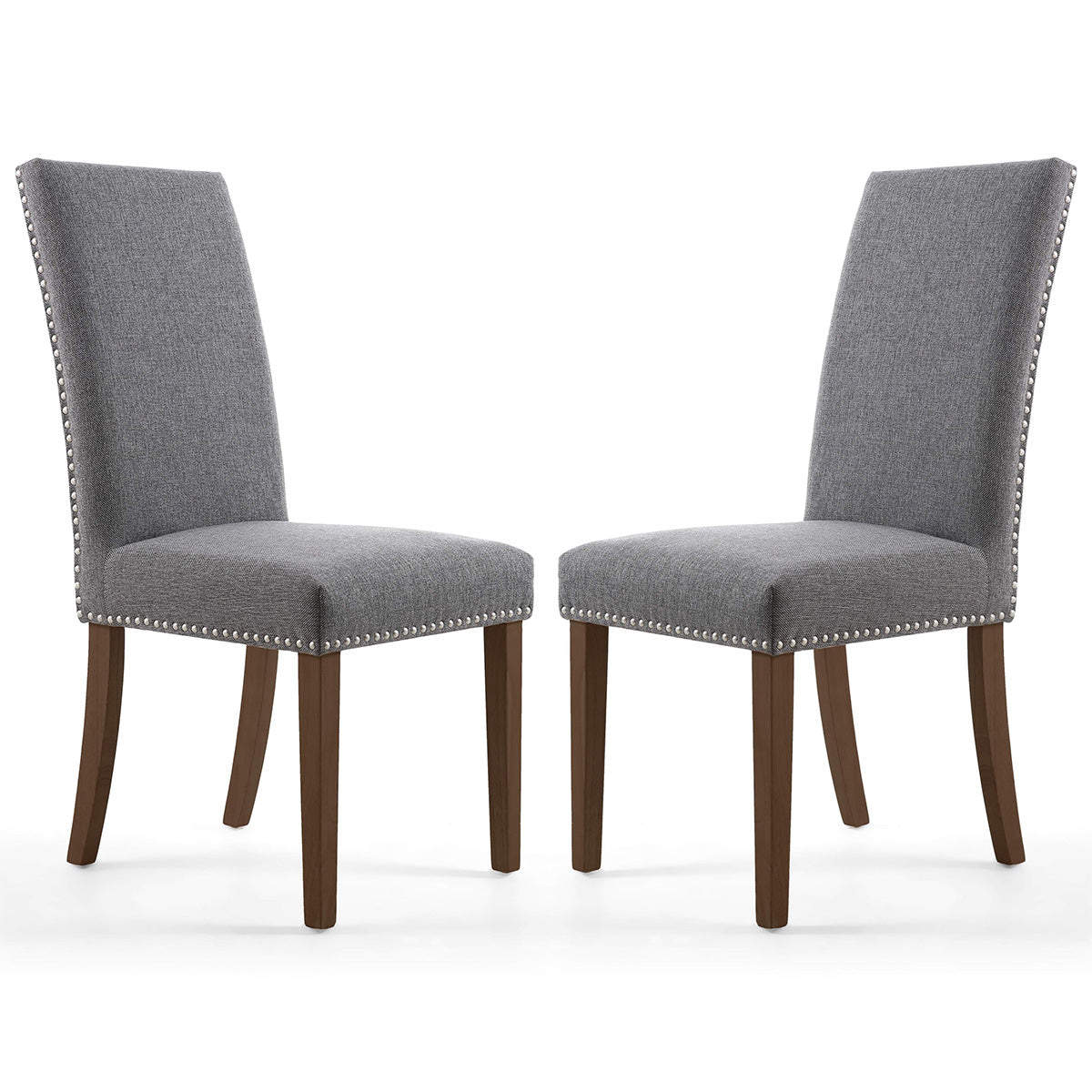 Linen Fabric Dining Chairs in Set Of 2 With Stud Details And Walnut Legs - Randall
