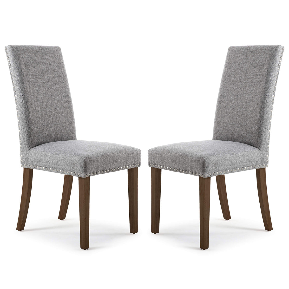 Linen Fabric Dining Chairs in Set Of 2 With Stud Details And Walnut Legs - Randall