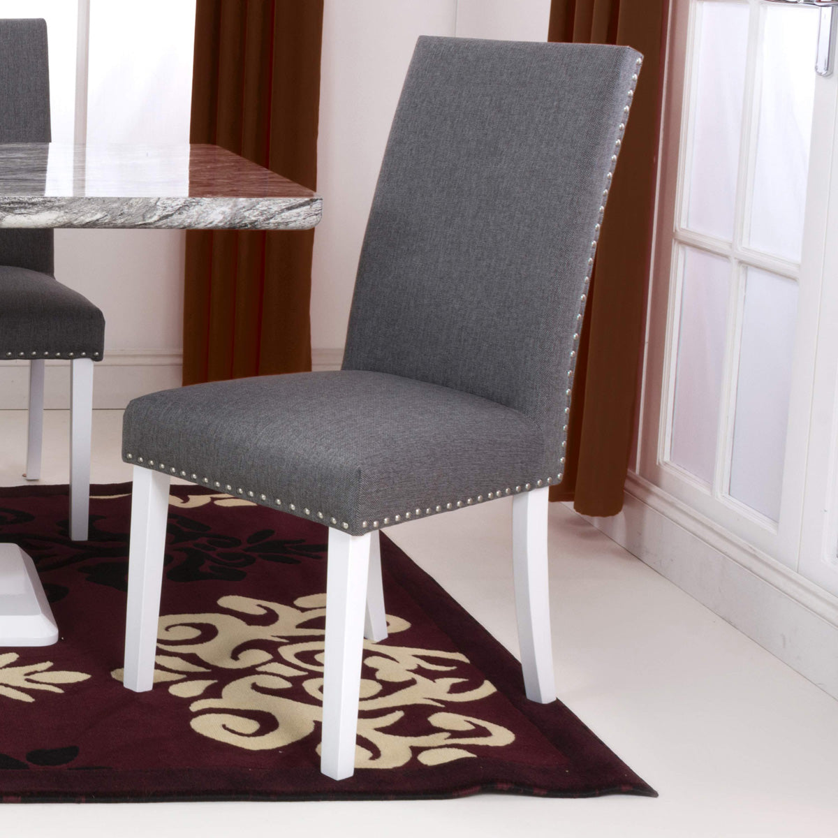 Linen Fabric Dining Chairs in Set Of 2 With Stud Details And White Legs - Randall