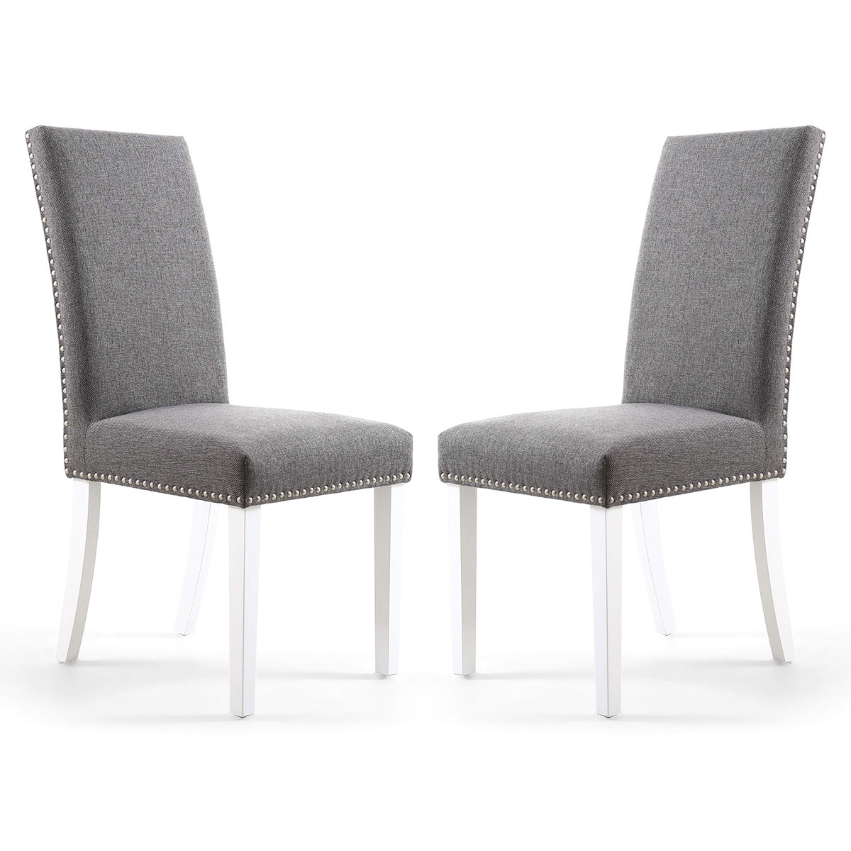 Linen Fabric Dining Chairs in Set Of 2 With Stud Details And White Legs - Randall
