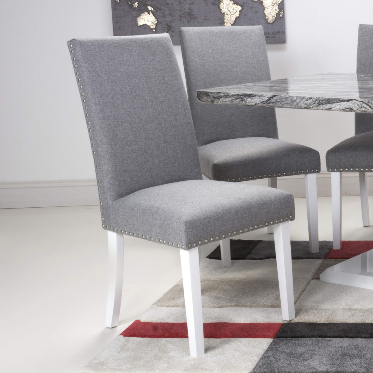 Linen Fabric Dining Chairs in Set Of 2 With Stud Details And White Legs - Randall