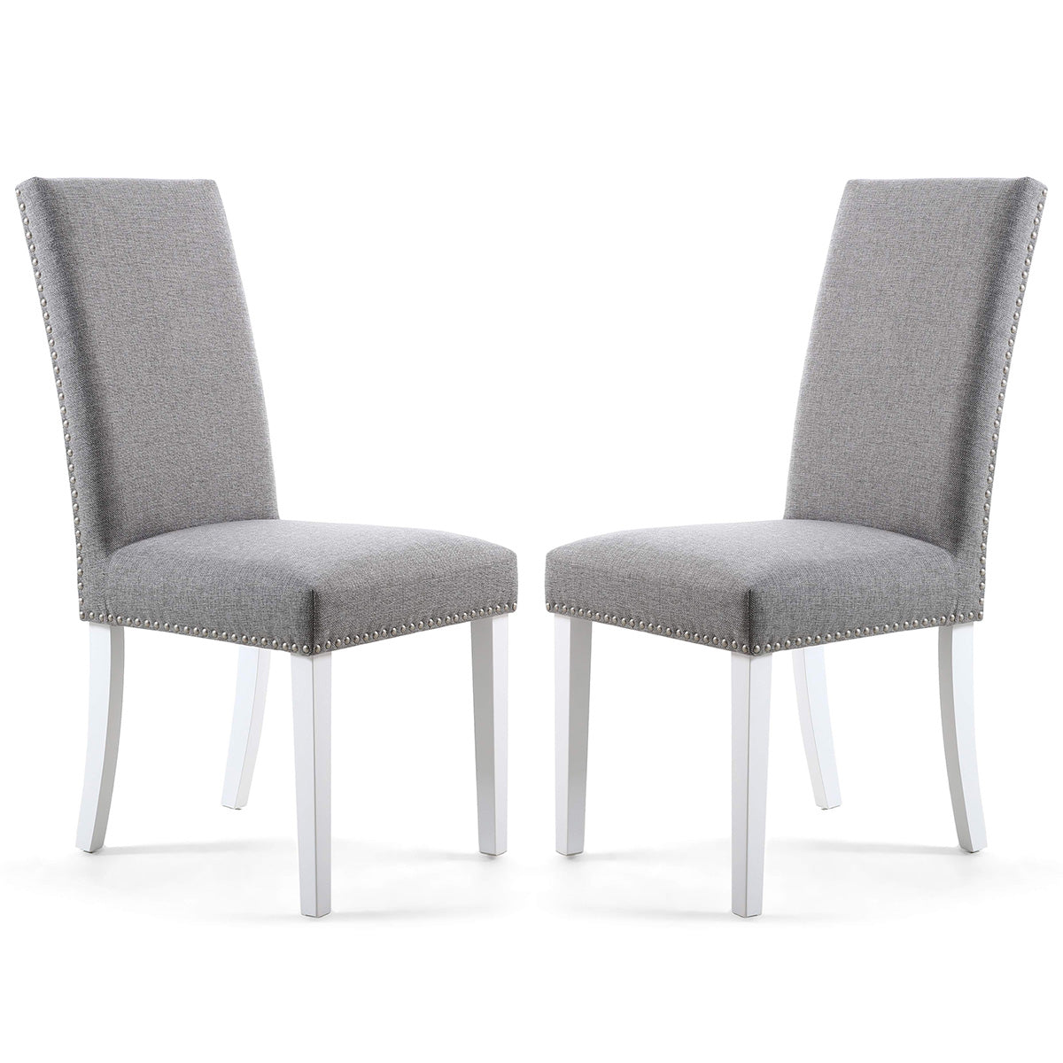 Linen Fabric Dining Chairs in Set Of 2 With Stud Details And White Legs - Randall