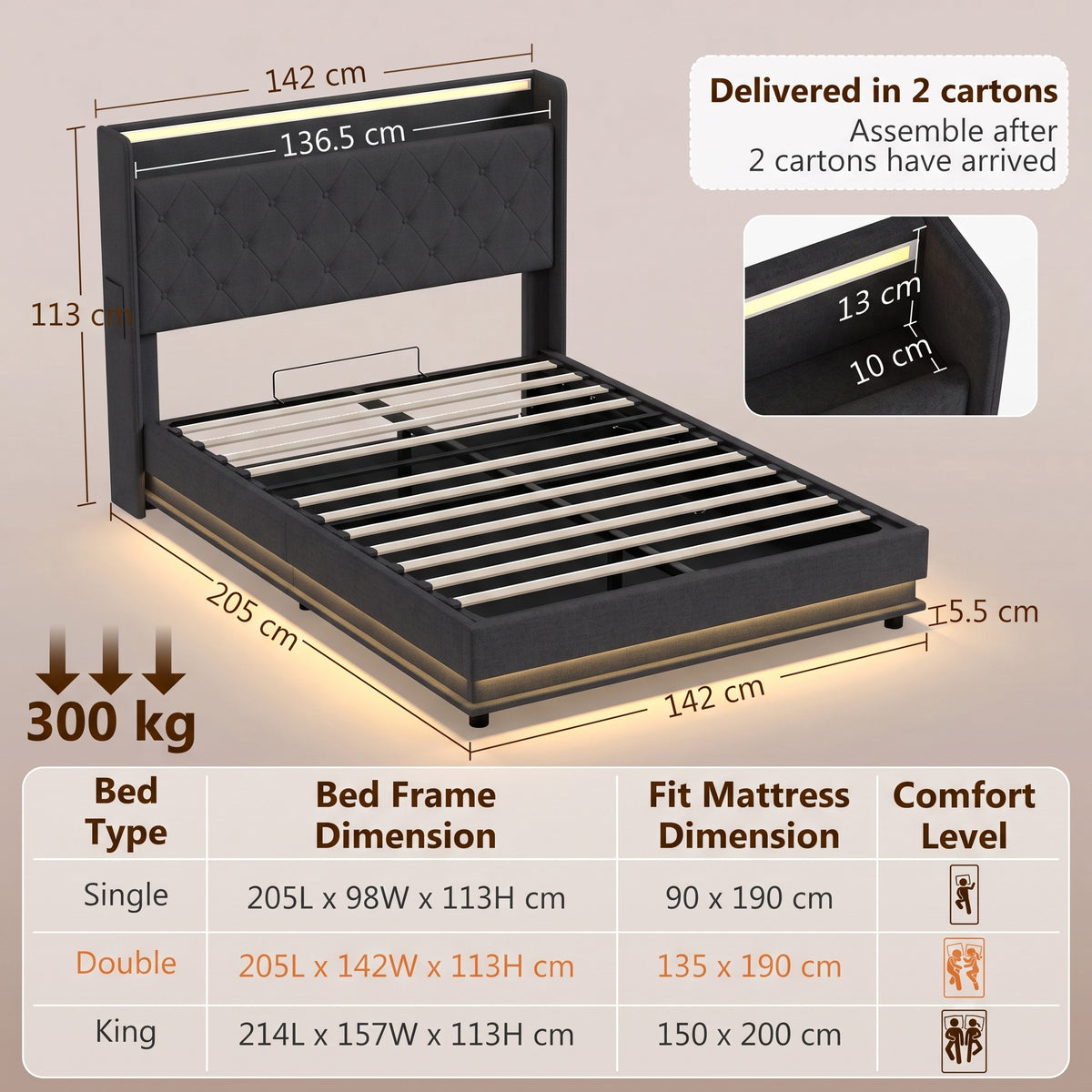 Linen Fabric Double Bed 142cm Wide With LED Lights - Velmora