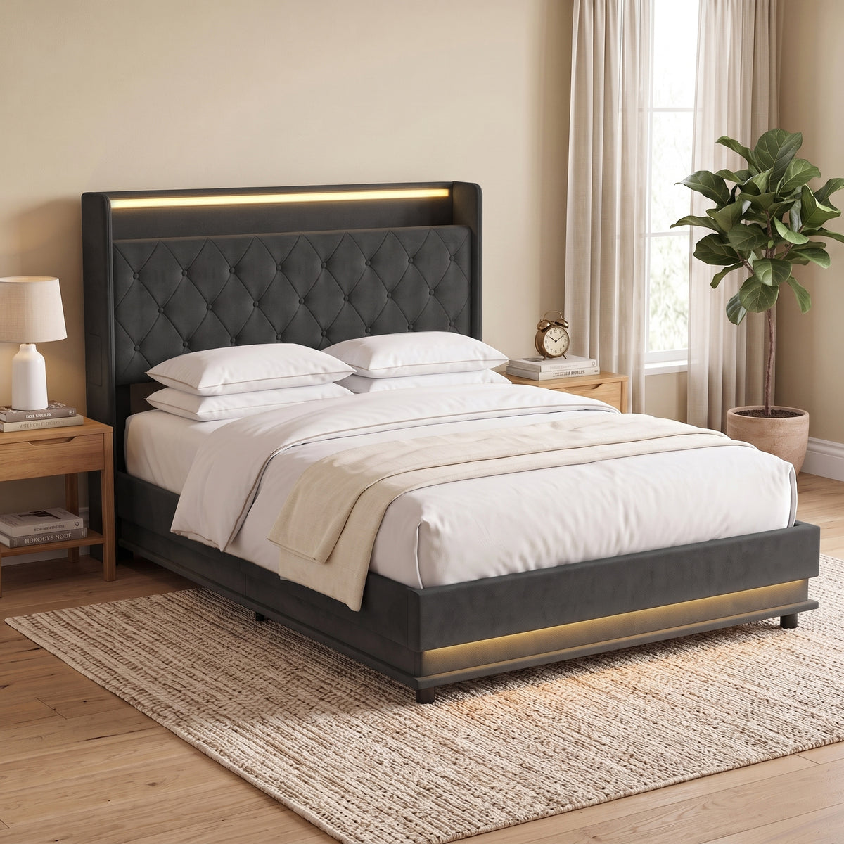 Linen Fabric Double Bed 142cm Wide With LED Lights - Velmora