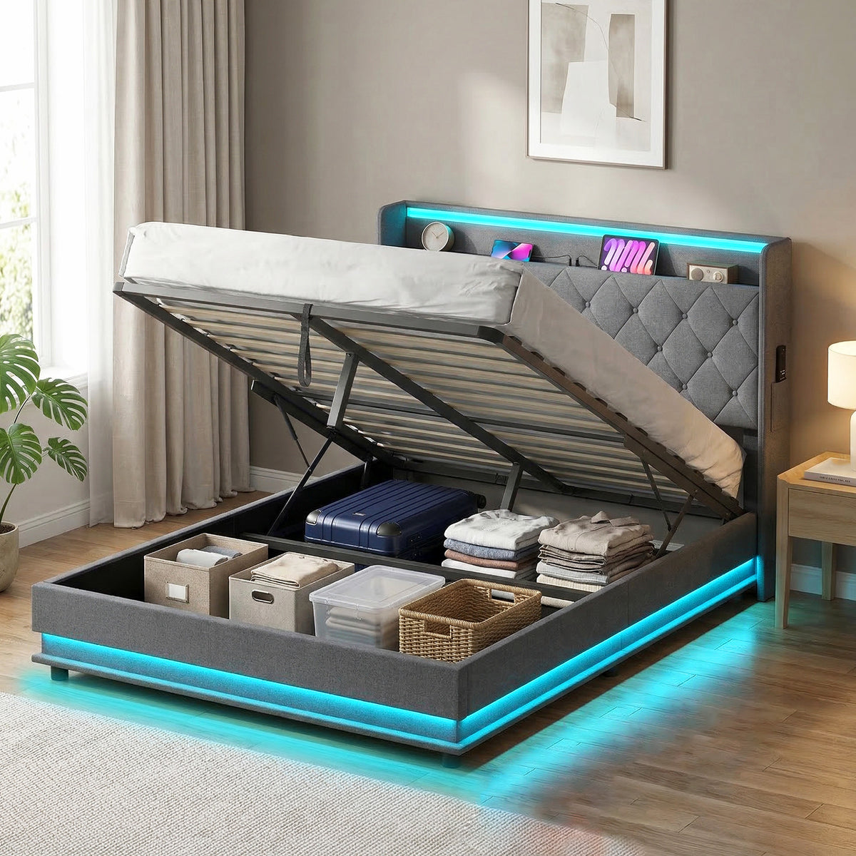 Linen Fabric Double Bed 142cm Wide With LED Lights - Velmora