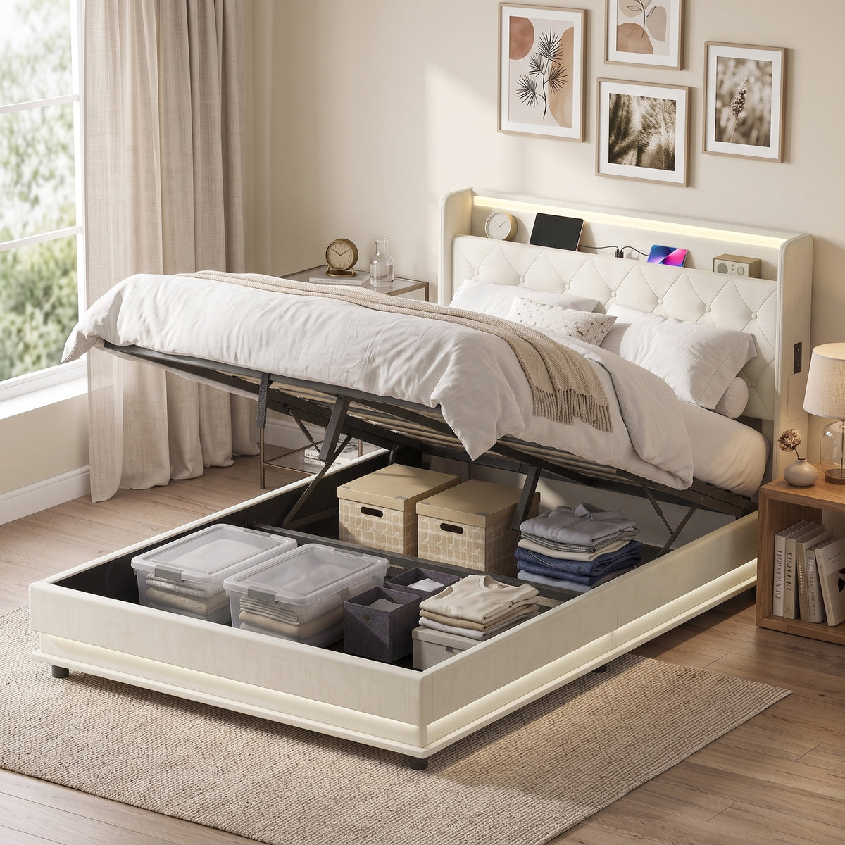 Linen Fabric Double Bed 142cm Wide With LED Lights - Velmora