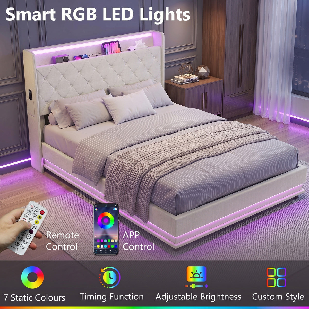 Linen Fabric Double Bed 142cm Wide With LED Lights - Velmora