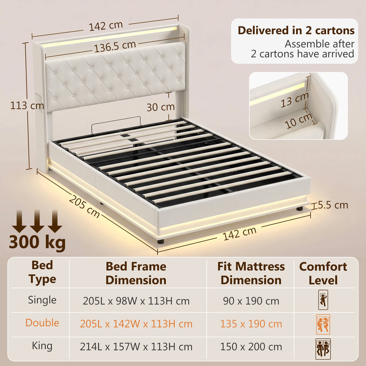 Linen Fabric Double Bed 142cm Wide With LED Lights - Velmora