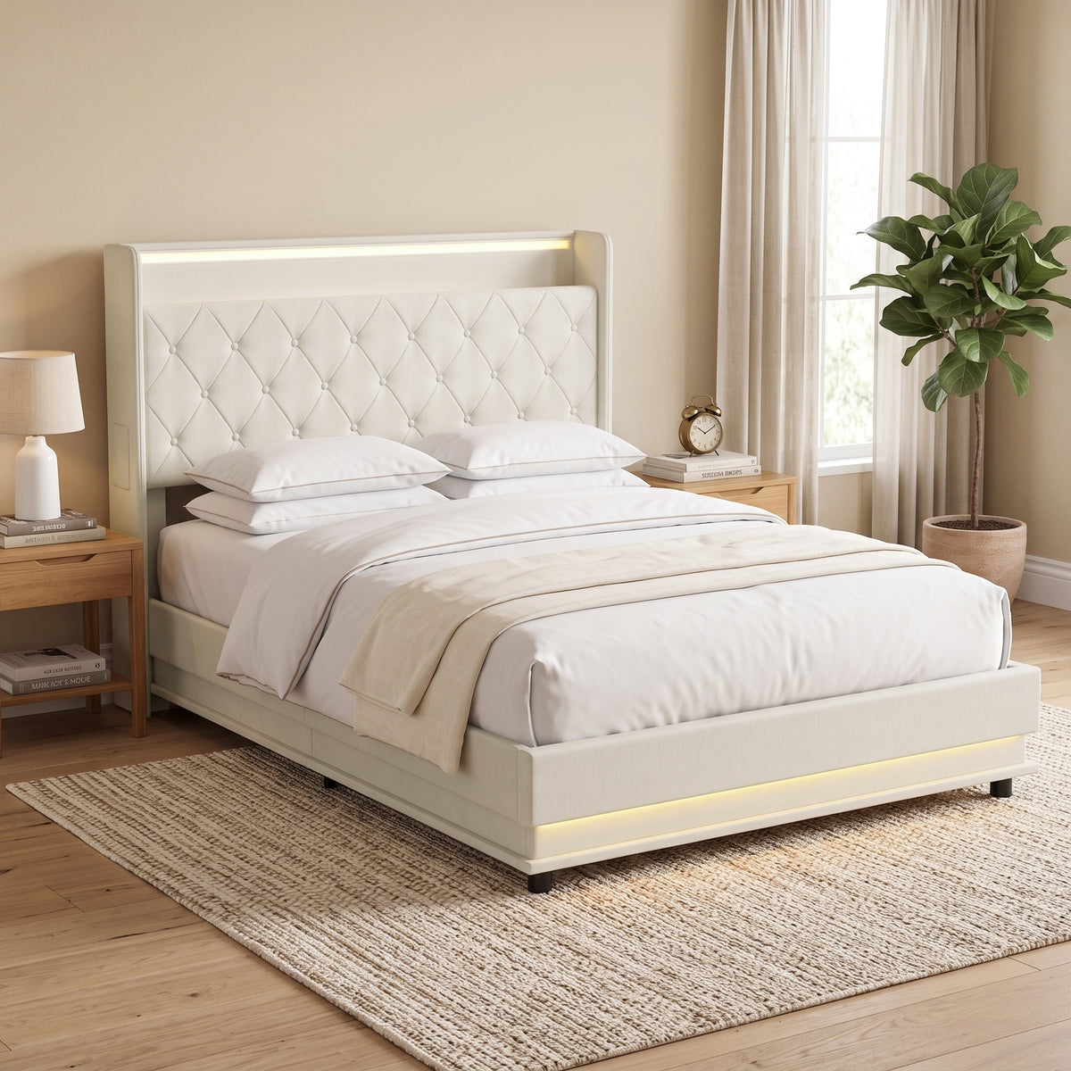Linen Fabric Double Bed 142cm Wide With LED Lights - Velmora