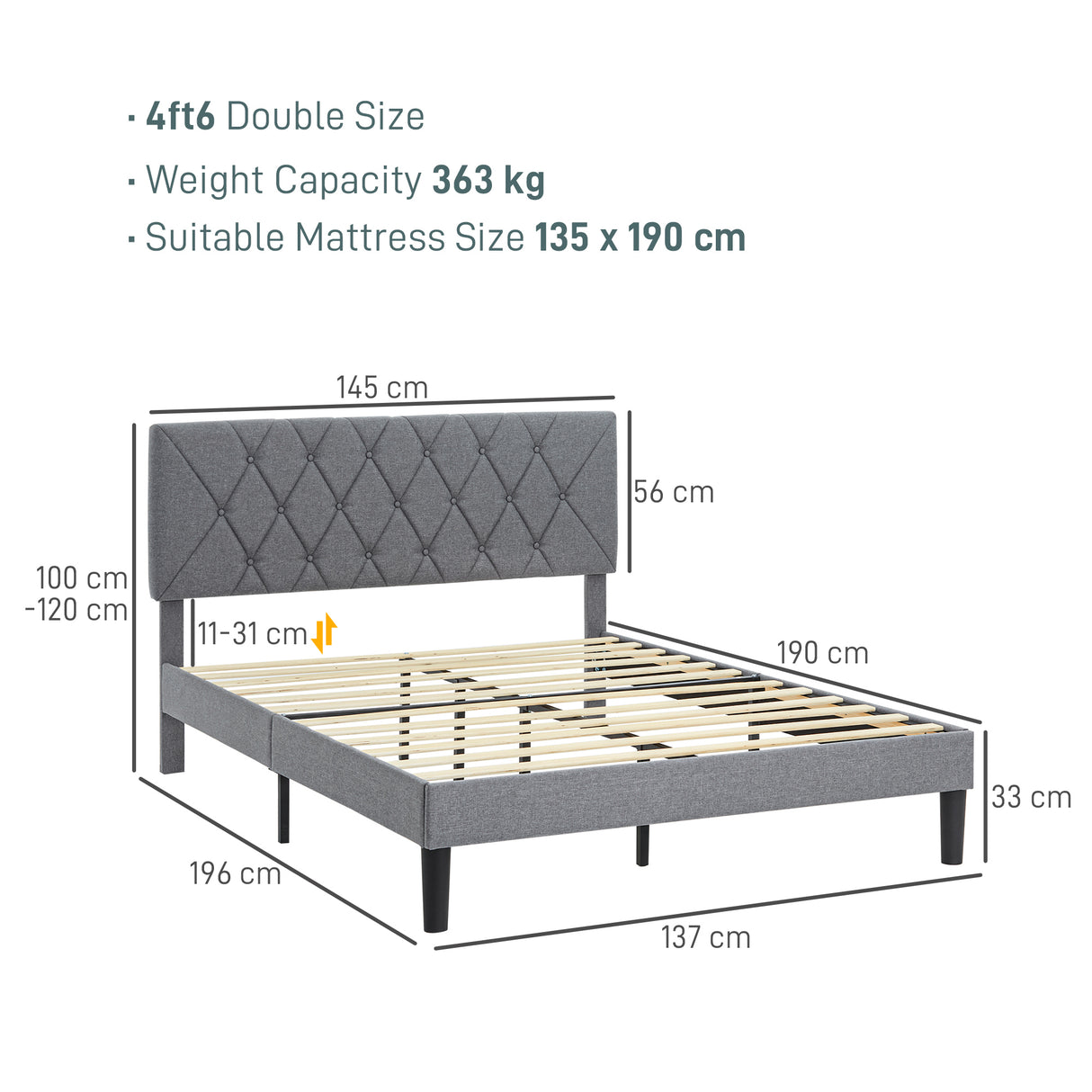 Linen Fabric Double Bed 145cm Wide - Velmora
