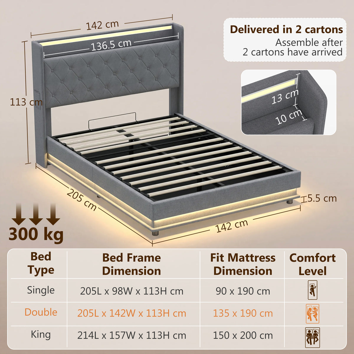 Linen Fabric Double Ottoman Storage Bed 142cm Wide With LED Lights - Velmora