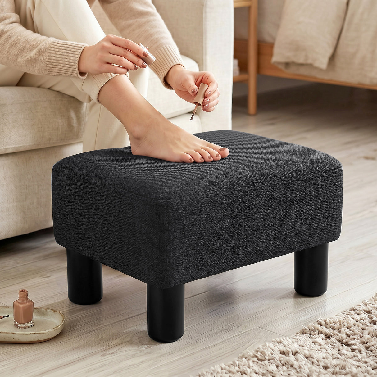 Linen Fabric Footstool 40cm Wide With Plastic Legs - Velmora