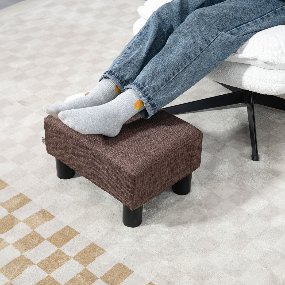 Linen Fabric Footstool 40cm Wide With Plastic Legs - Velmora