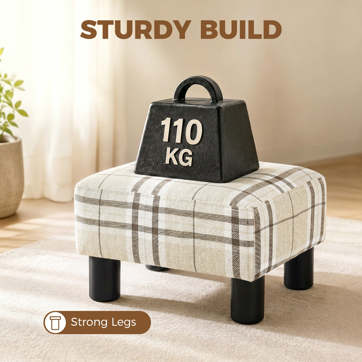 Linen Fabric Footstool 40cm Wide With Plastic Legs - Velmora