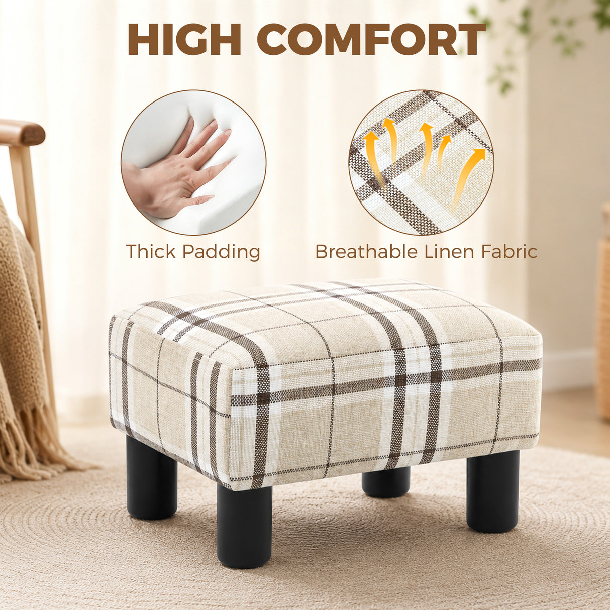 Linen Fabric Footstool 40cm Wide With Plastic Legs - Velmora