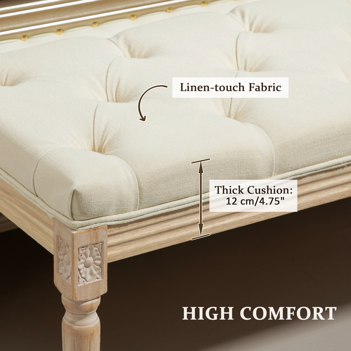 Linen Fabric Hallway Seating Bench 115cm Wide With Wooden Frame - Velmora