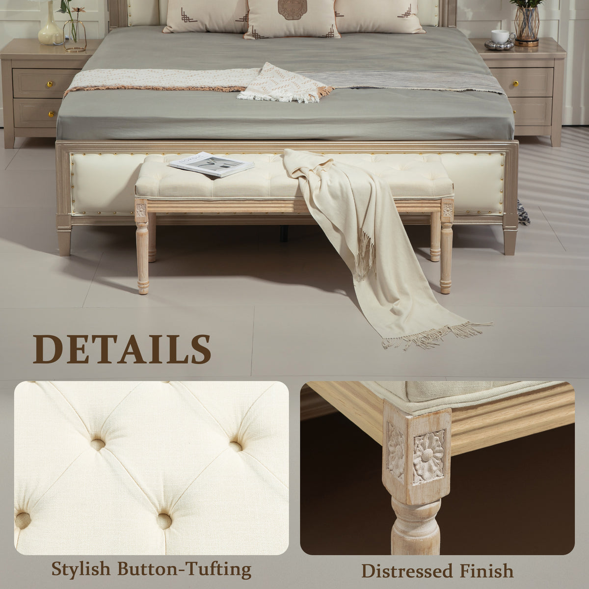 Linen Fabric Hallway Seating Bench 115cm Wide With Wooden Frame - Velmora