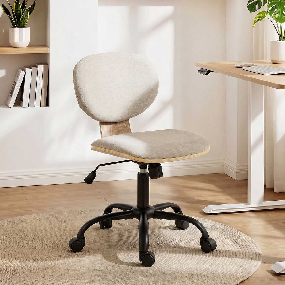 Linen Fabric Home And Office Chair 43cm Wide With PU Wheels - Velmora