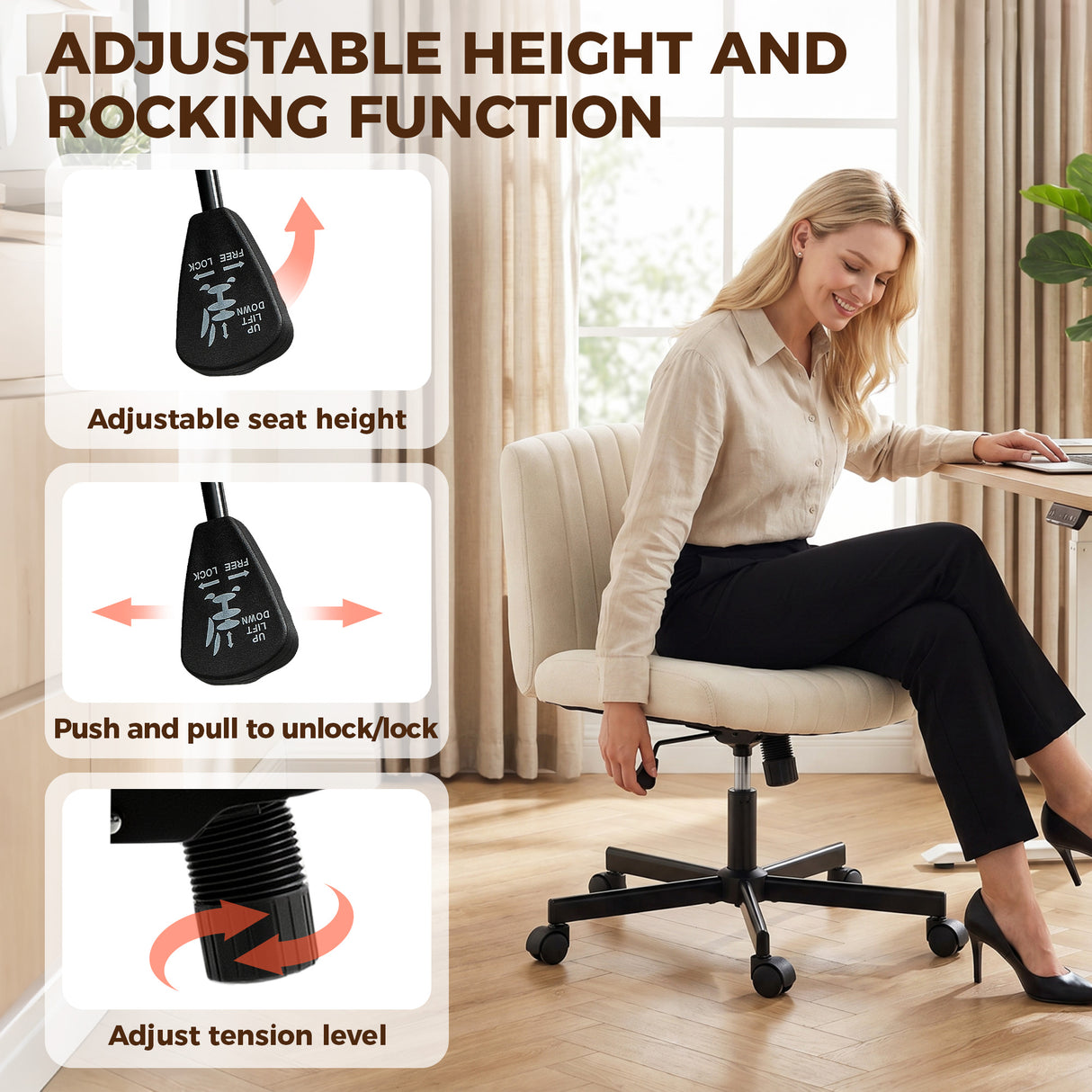 Linen Fabric Home And Office Chair 61cm Wide Armless With Wheels - Velmora