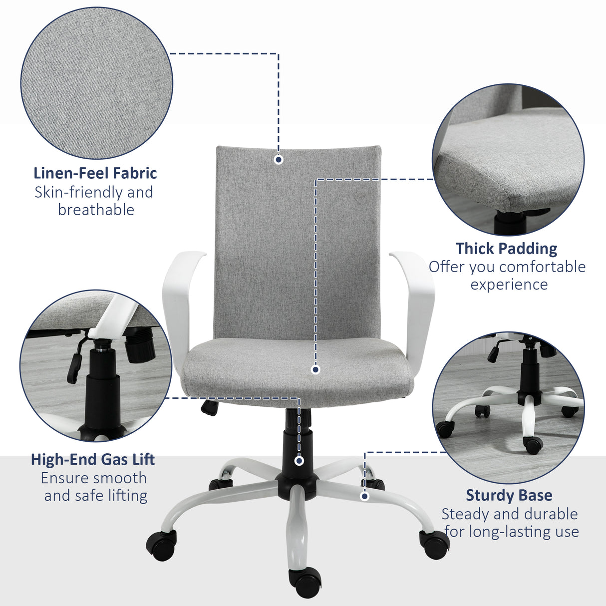 Linen Fabric Home And Office Chair 61cm Wide With Wheels - Velmora