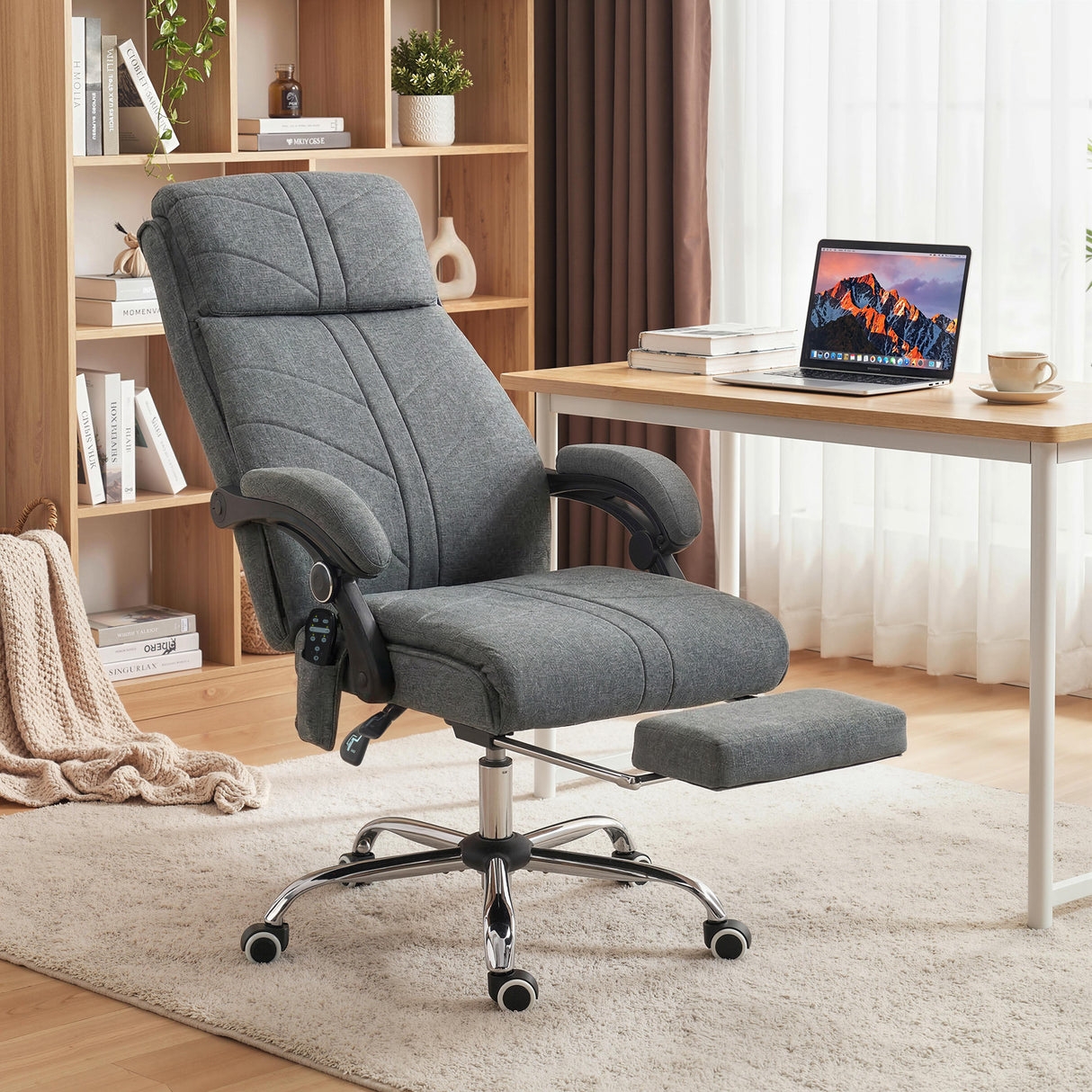 Linen Fabric Home And Office Chair 64cm Wide With Footrest - Velmora