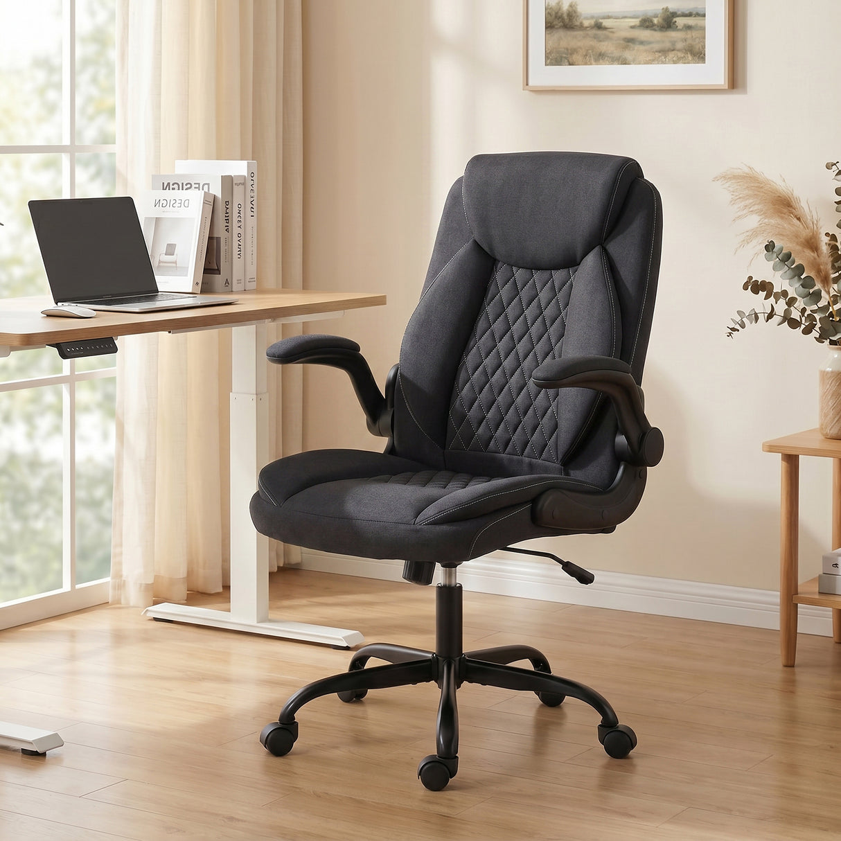 Linen Fabric Home And Office Chair 65cm Wide With Flip Up Armrest - Velmora