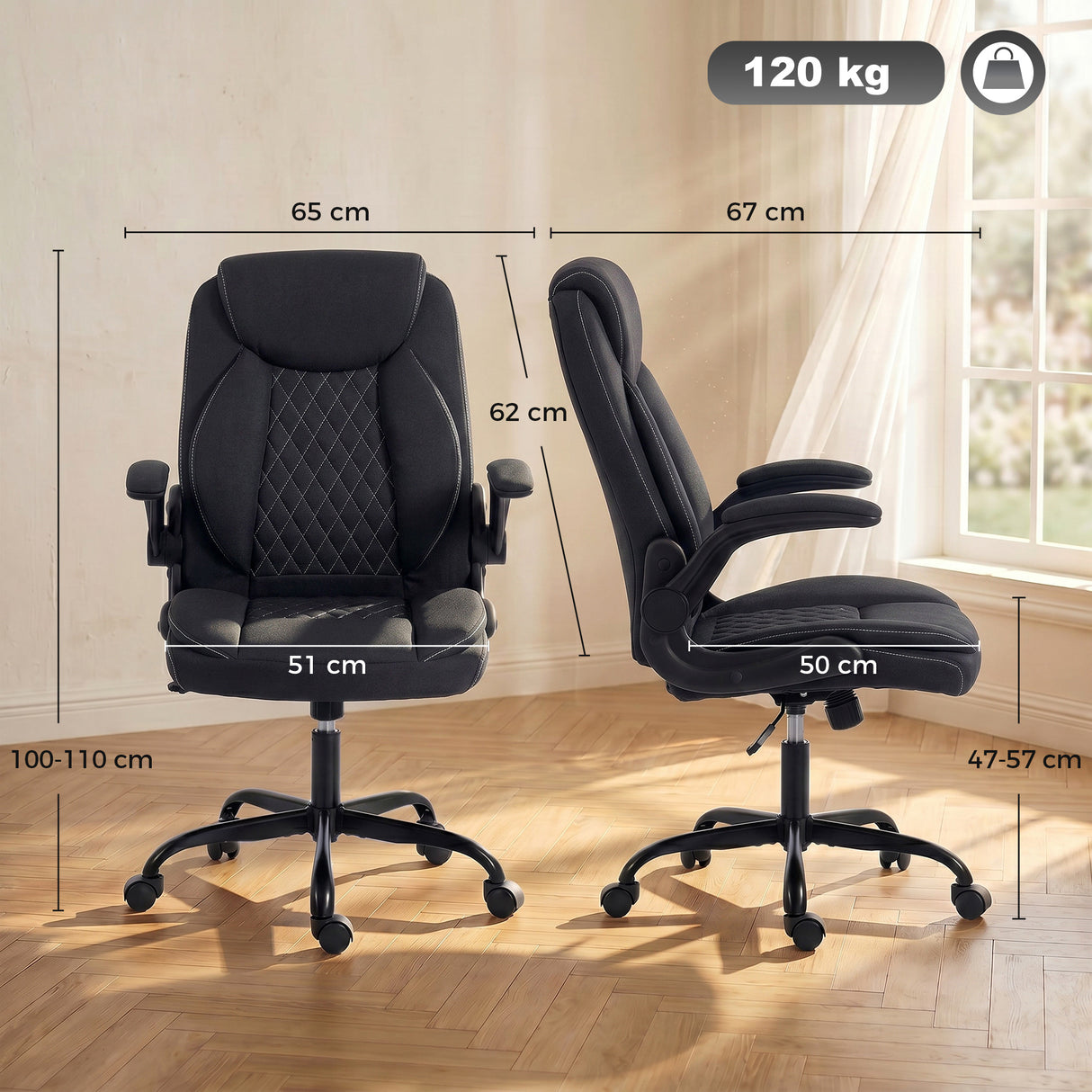 Linen Fabric Home And Office Chair 65cm Wide With Flip Up Armrest - Velmora
