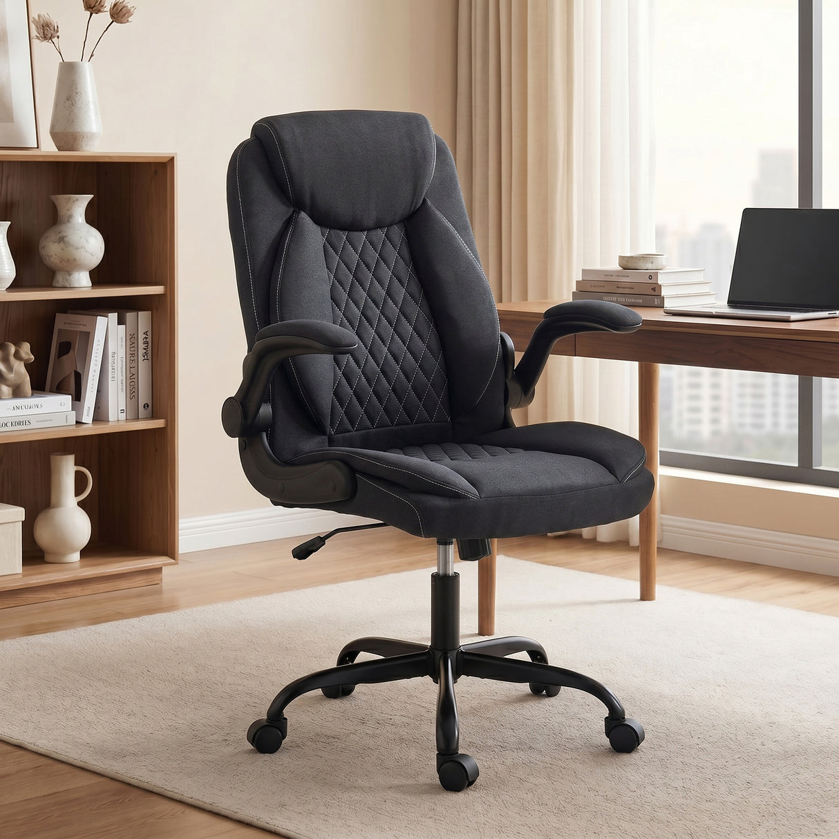 Linen Fabric Home And Office Chair 65cm Wide With Flip Up Armrest - Velmora