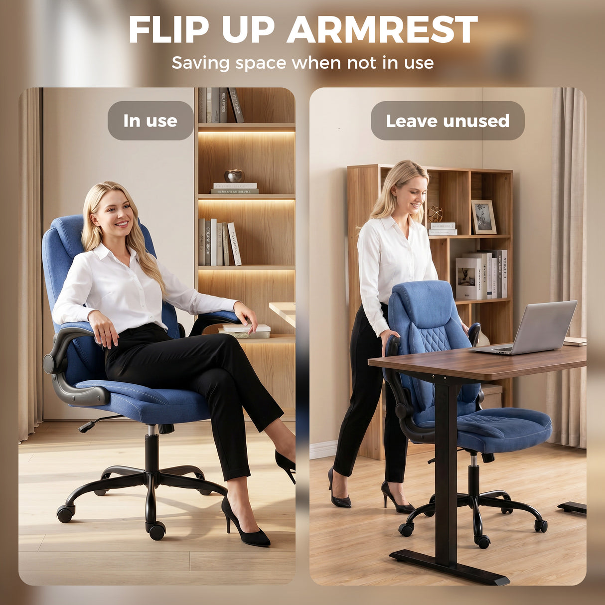 Linen Fabric Home And Office Chair 65cm Wide With Flip Up Armrest - Velmora