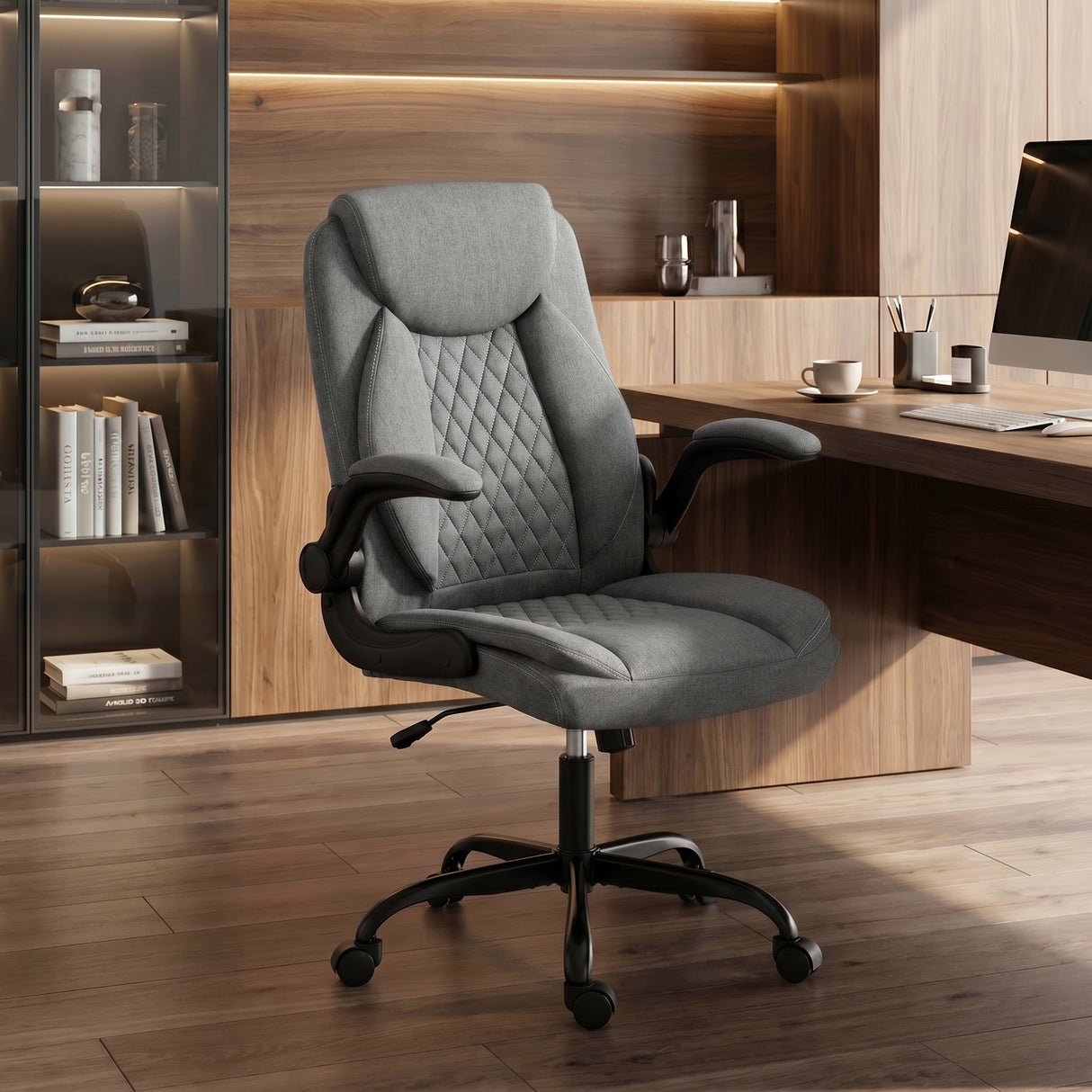 Linen Fabric Home And Office Chair 65cm Wide With Flip Up Armrest - Velmora