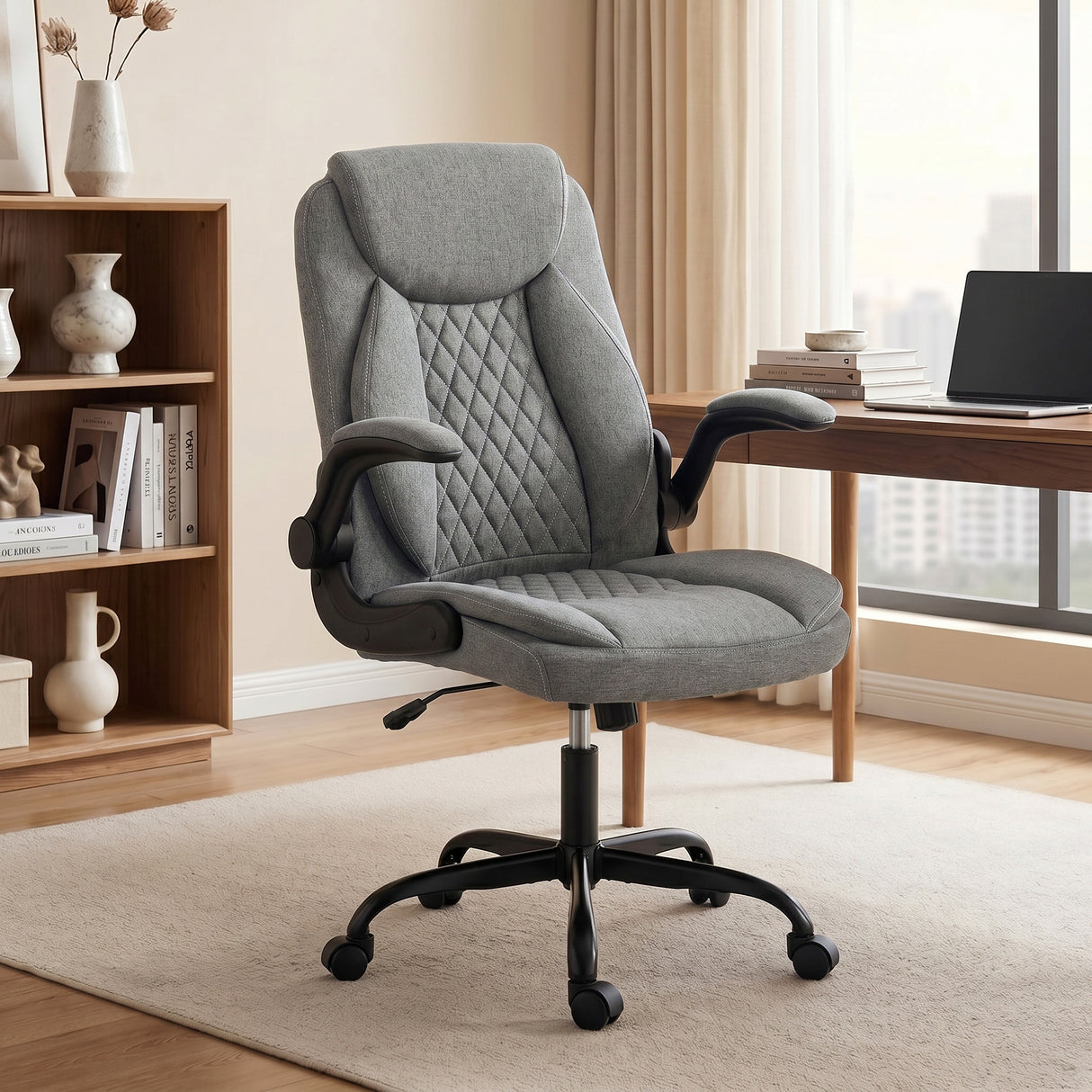 Linen Fabric Home And Office Chair 65cm Wide With Flip Up Armrest - Velmora