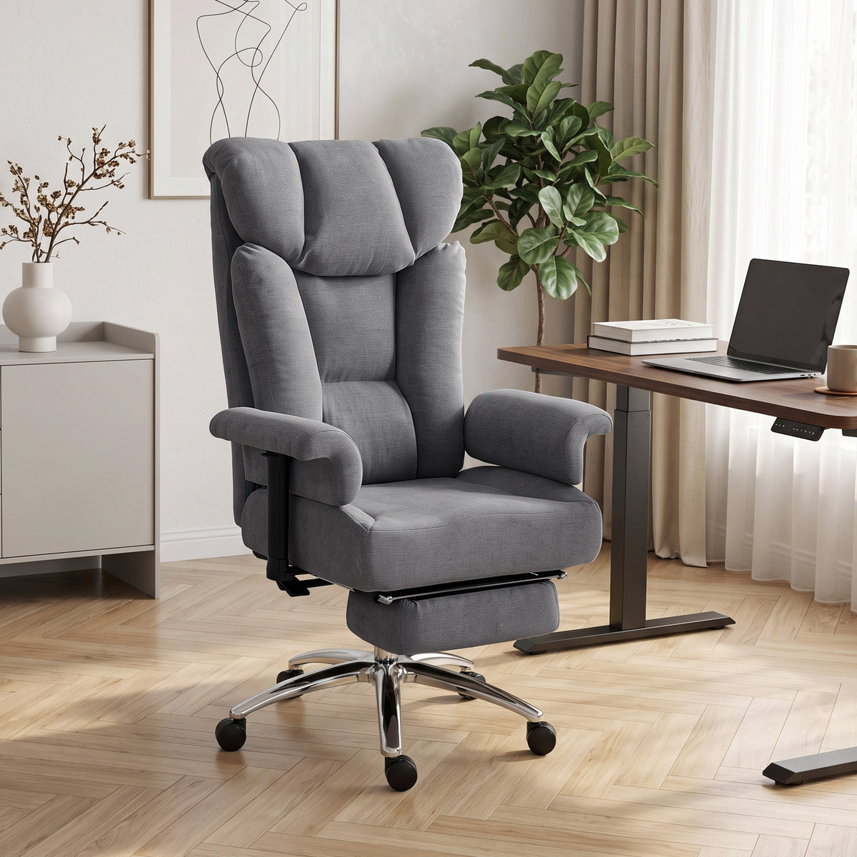 Linen Fabric Home And Office Chair 75cm Wide With Footrest - Velmora