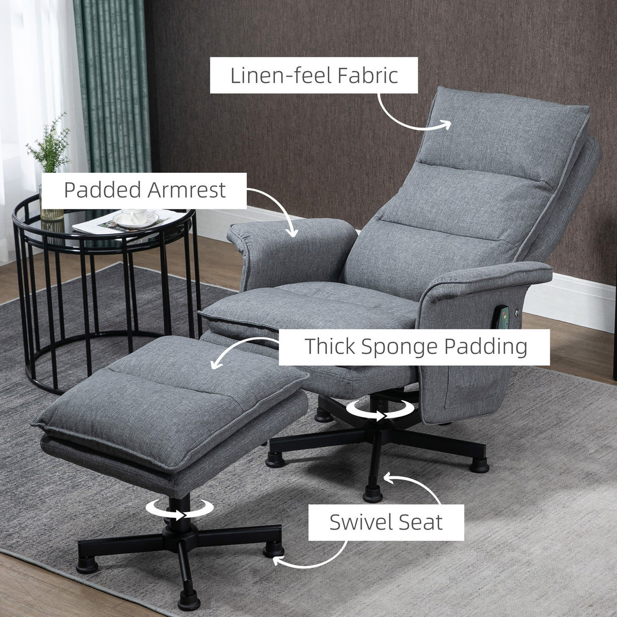 Linen Fabric Recliner Chair 78cm Wide With Footstool - Velmora