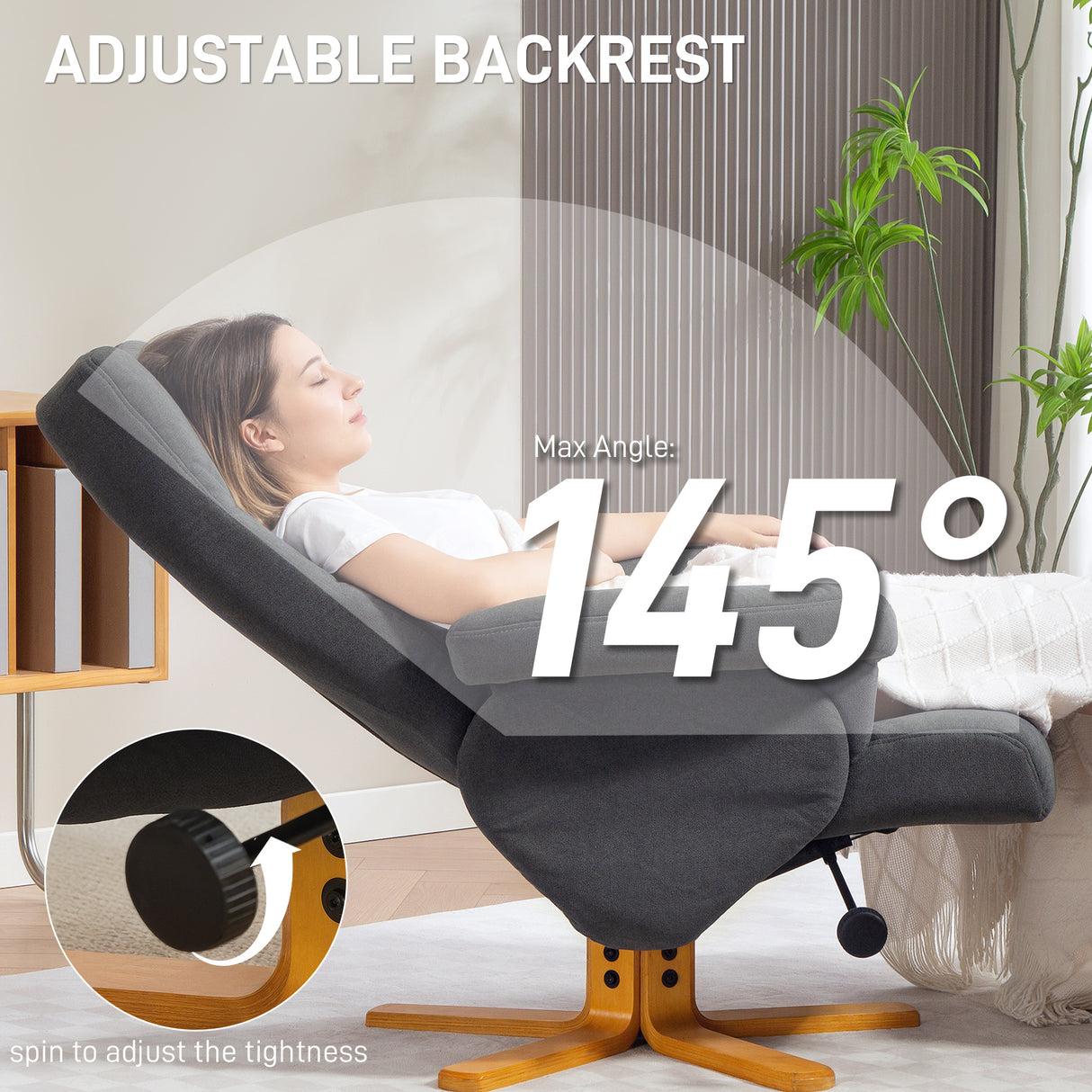 Linen Fabric Recliner Chair 80cm Wide With Footstool And Wooden Base - Velmora