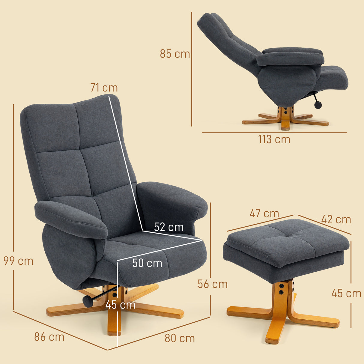 Linen Fabric Recliner Chair 80cm Wide With Footstool And Wooden Base - Velmora