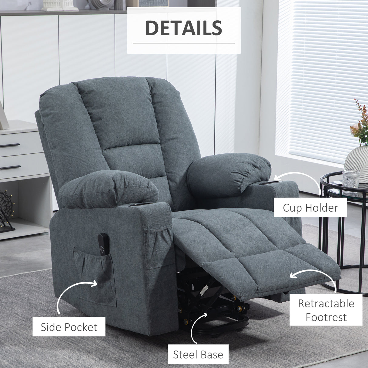 Linen Fabric Recliner Chair 85cm Wide With Footrest And Cup Holder - Velmora