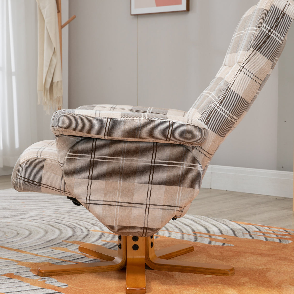 Linen Fabric Recliner Chair 90cm High x 80cm Wide With Footstool And Wooden Base - Velmora