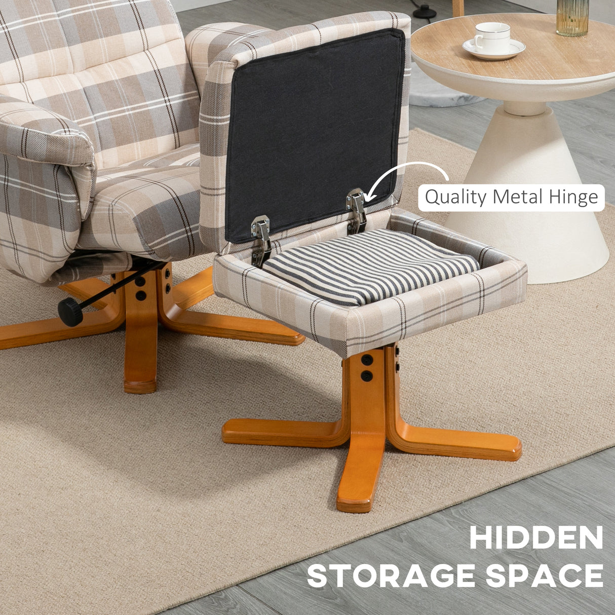 Linen Fabric Recliner Chair 90cm High x 80cm Wide With Footstool And Wooden Base - Velmora