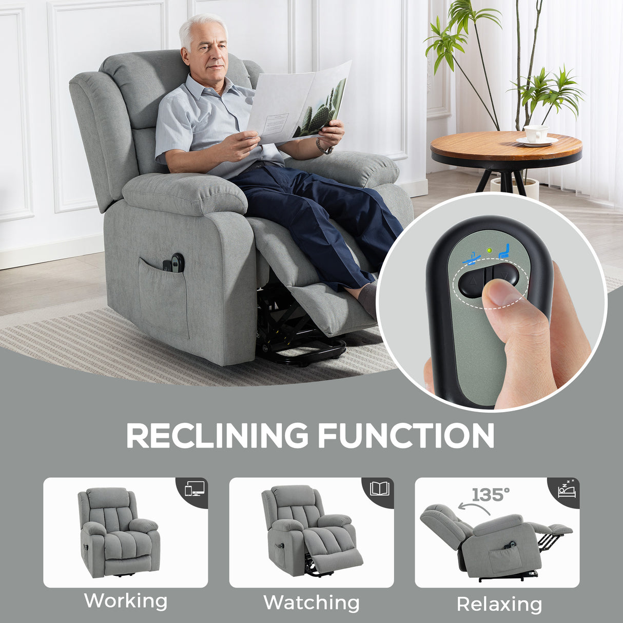 Linen Fabric Recliner Chair 91cm Wide With Footrest - Velmora