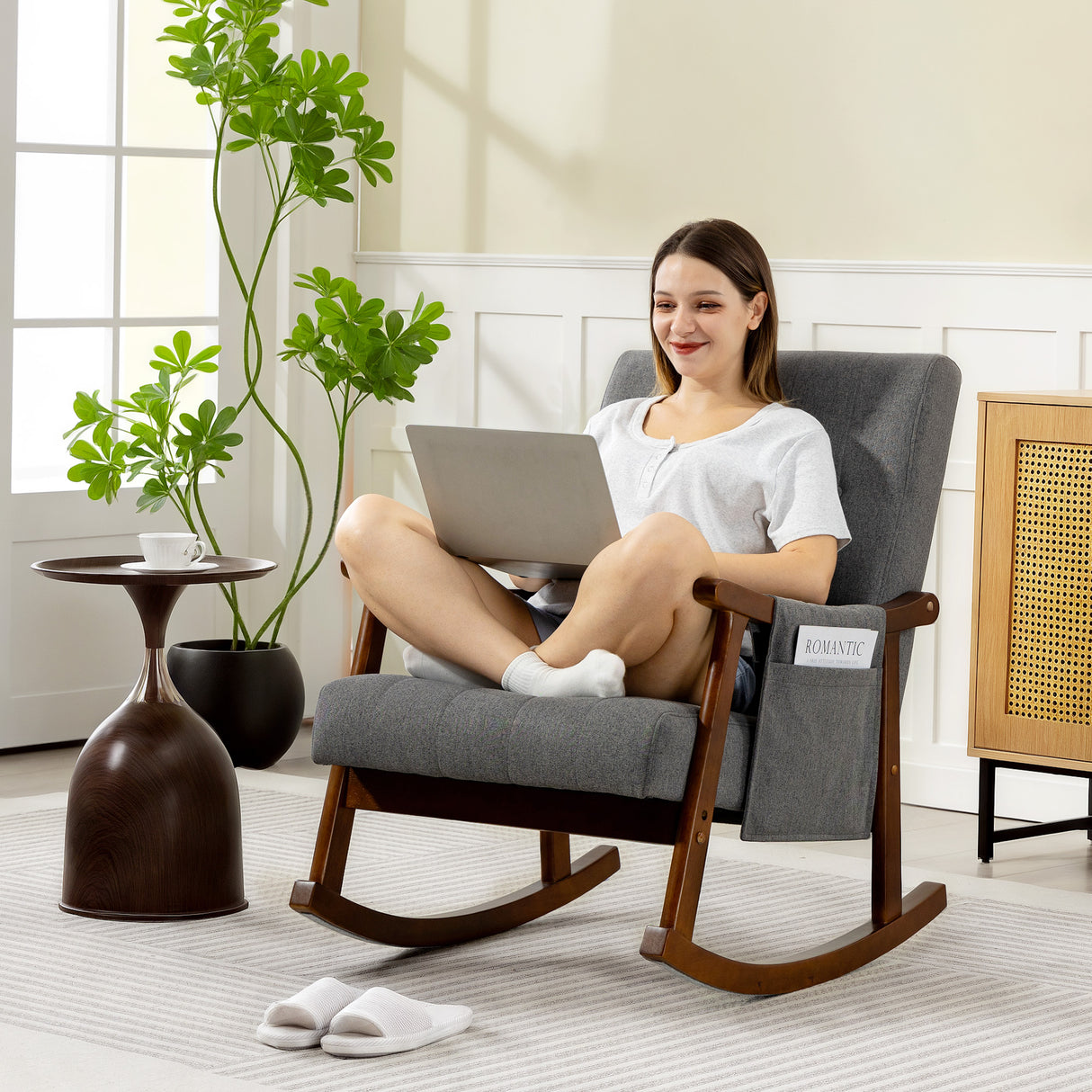 Linen Fabric Rocking Accent Chair 65cm Wide - Velmora