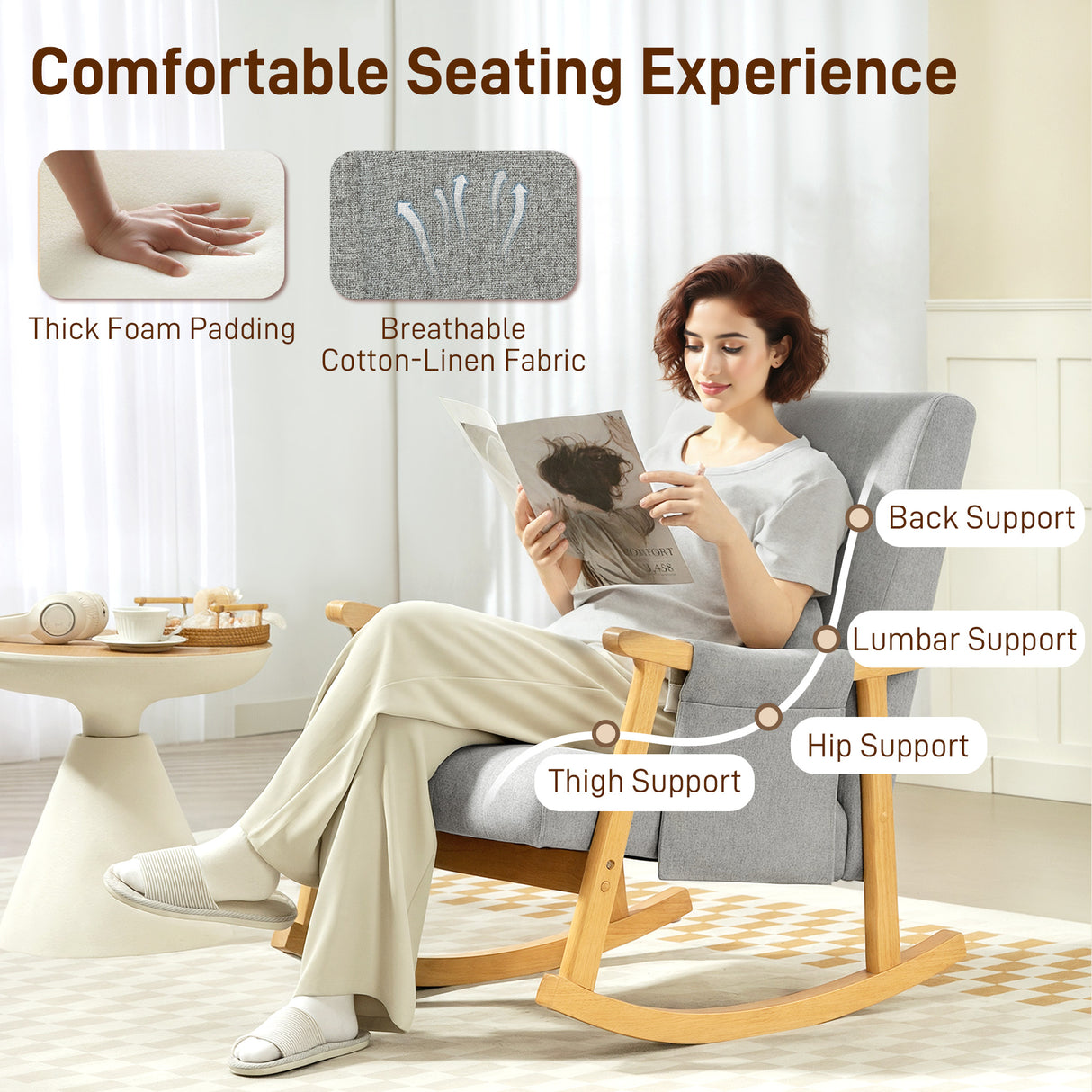 Linen Fabric Rocking Accent Chair 65cm Wide - Velmora