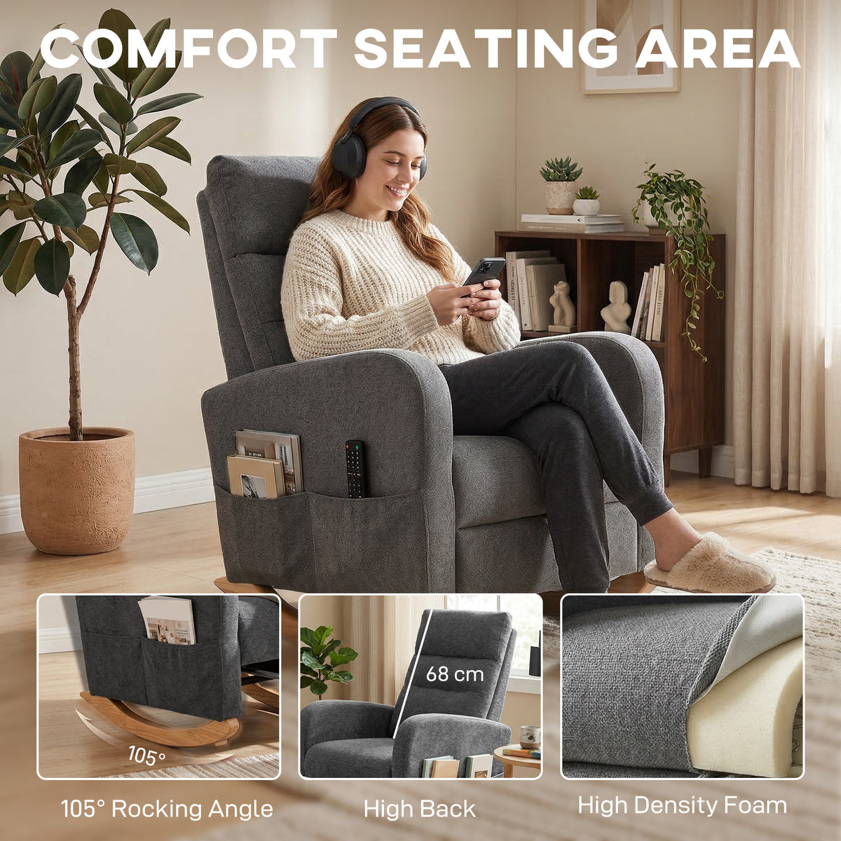 Linen Fabric Rocking Chair 66cm Wide - Velmora