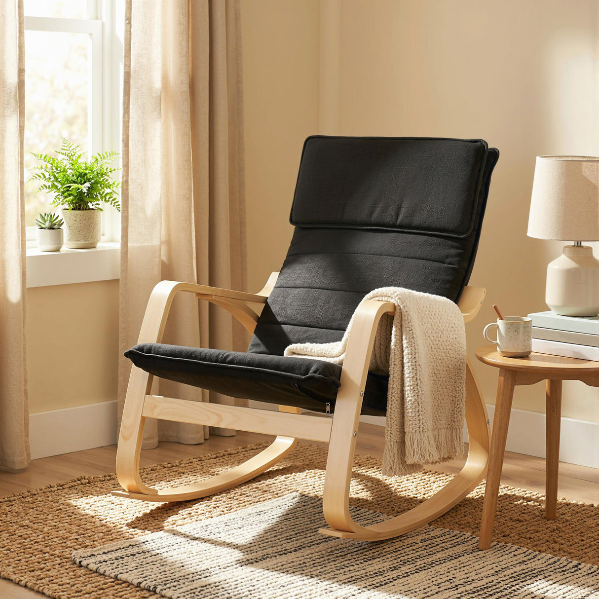 Linen Fabric Rocking Chair 67cm Wide With Wooden Frame - Velmora