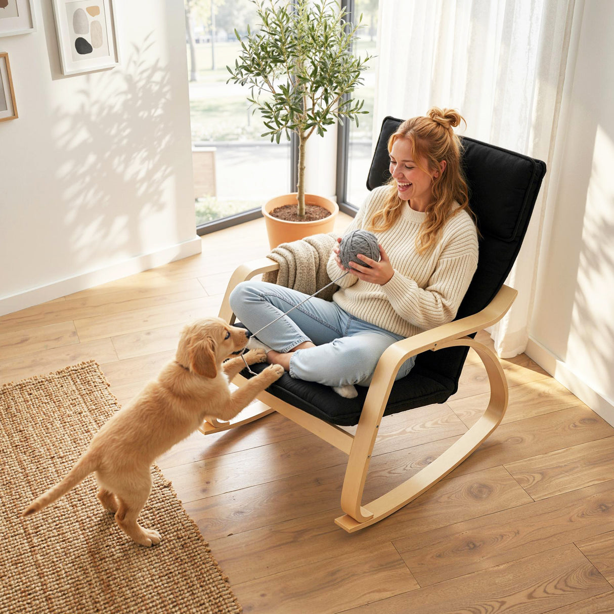 Linen Fabric Rocking Chair 67cm Wide With Wooden Frame - Velmora