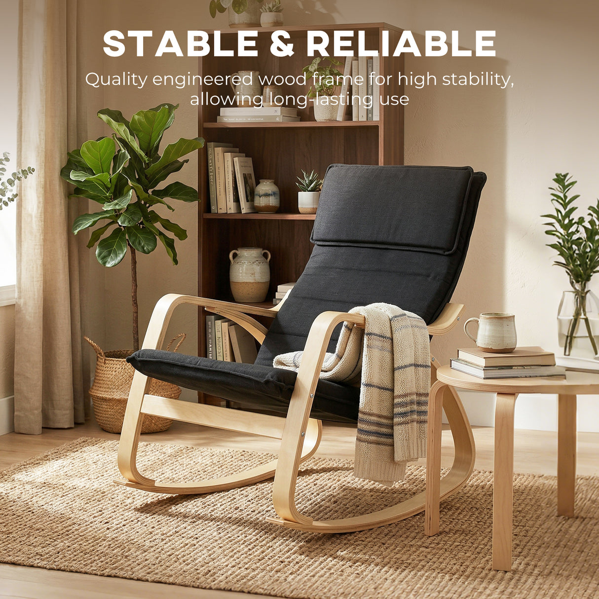 Linen Fabric Rocking Chair 67cm Wide With Wooden Frame - Velmora